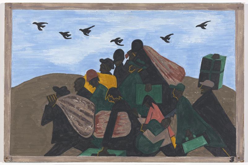 Panel 3: “In every town Negroes were leaving by the hundreds to go North and enter into Northern industry,” 1940-41. Casein tempera on hardboard, 18 x 12″.