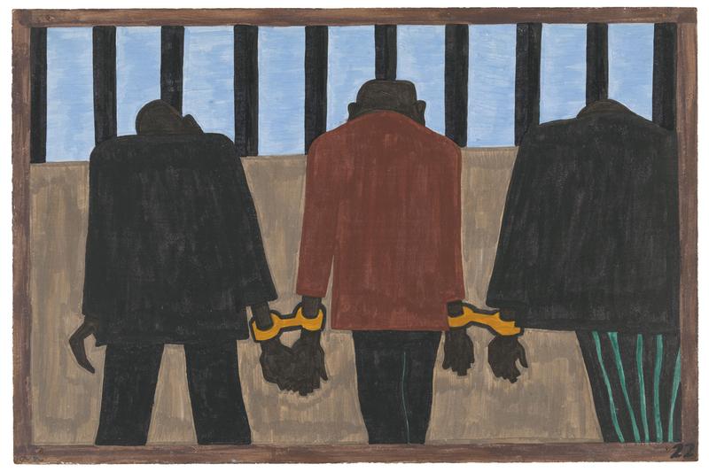 . Panel 22: “Another of the social causes of the migrants’ leaving was that at times they did not feel safe ...' 1940-14. Casein tempera on hardboard, 18 x 12″.
